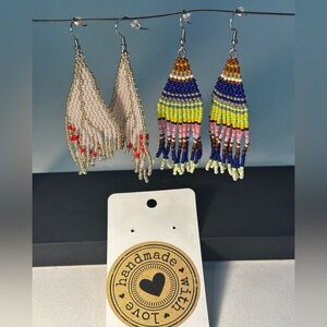 Set of 2 Pairs Indigenous Handmade Beaded Fringe Earrings - Multicolor